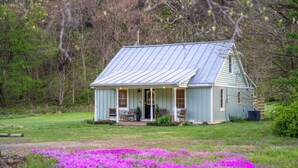 Ein kleines, hellblaues Haus mit Veranda, umgeben von einer Rasenfläche und violetten Blumen.