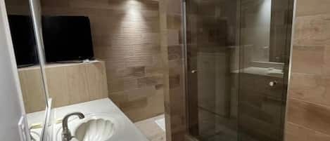 Shower, towels, toilet paper