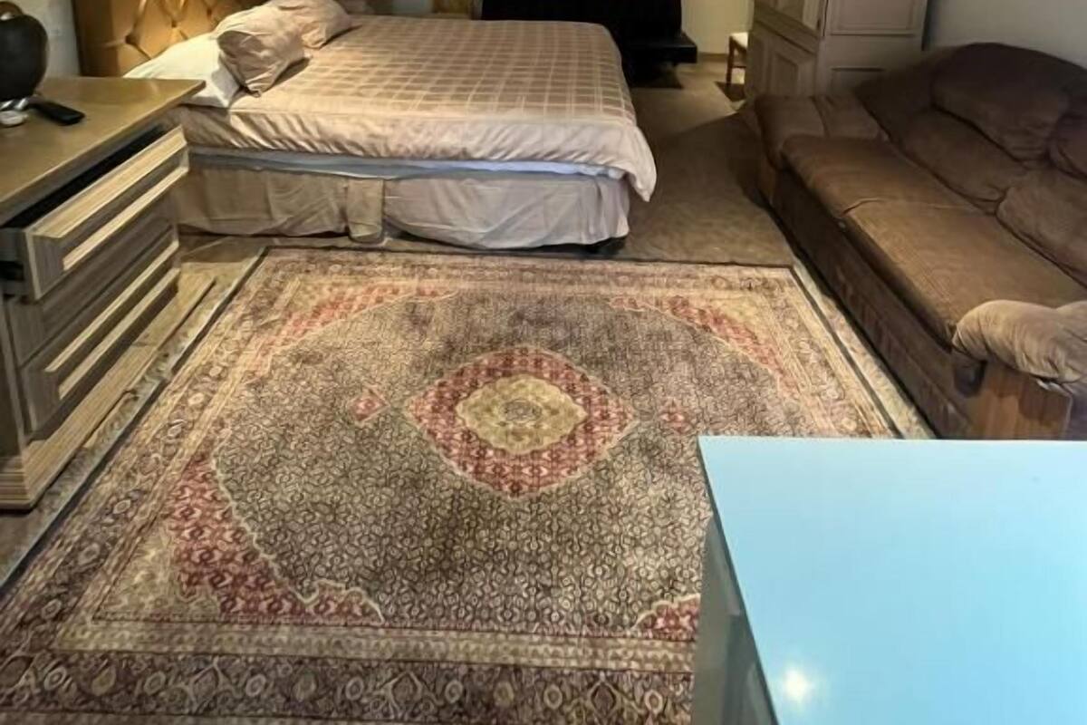 Un dormitorio con una cama, un sofá, un escritorio con lámpara, un ventilador de techo y una alfombra estampada.