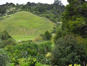 A lush green hillside with dense vegetation and trees.