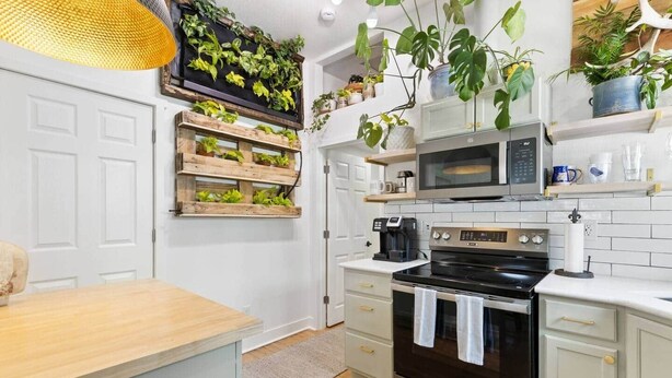 Et køkken med mikrobølgeovn, ovn og træhylder med planter.