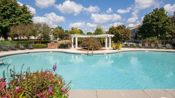 A clear swimming pool with a pergola and lounge chairs, surrounded by trees and a clear sky. - Spacious Corporate Furnished One Bedroom/One Bath in Alpharetta. (Alpharetta)