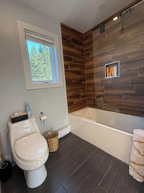 Hair dryer, towels, soap, toilet paper