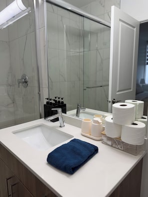 Douche, sèche-cheveux, serviettes fournies, savon
