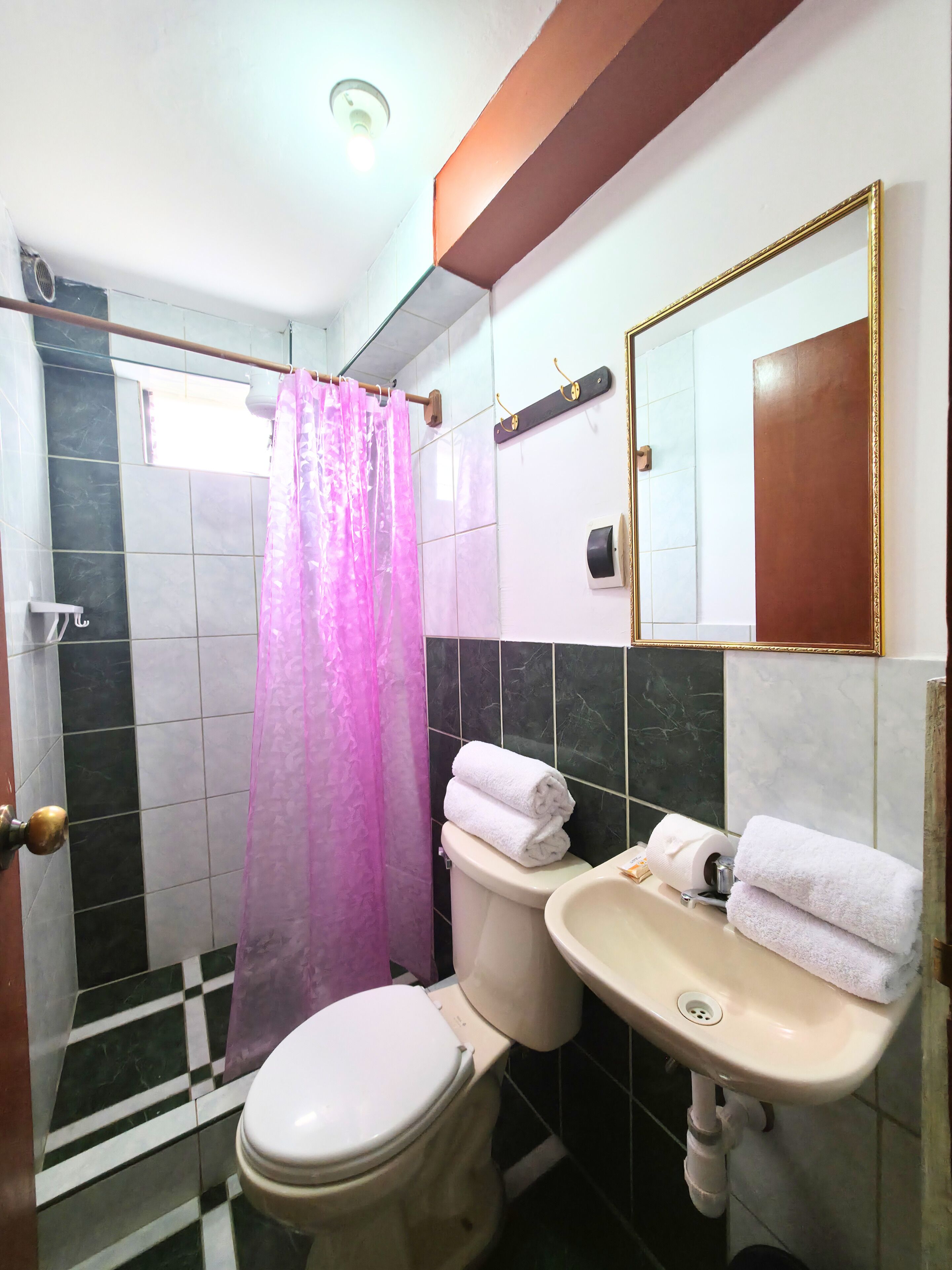 Un baño con inodoro, lavamanos y cortina de ducha.
