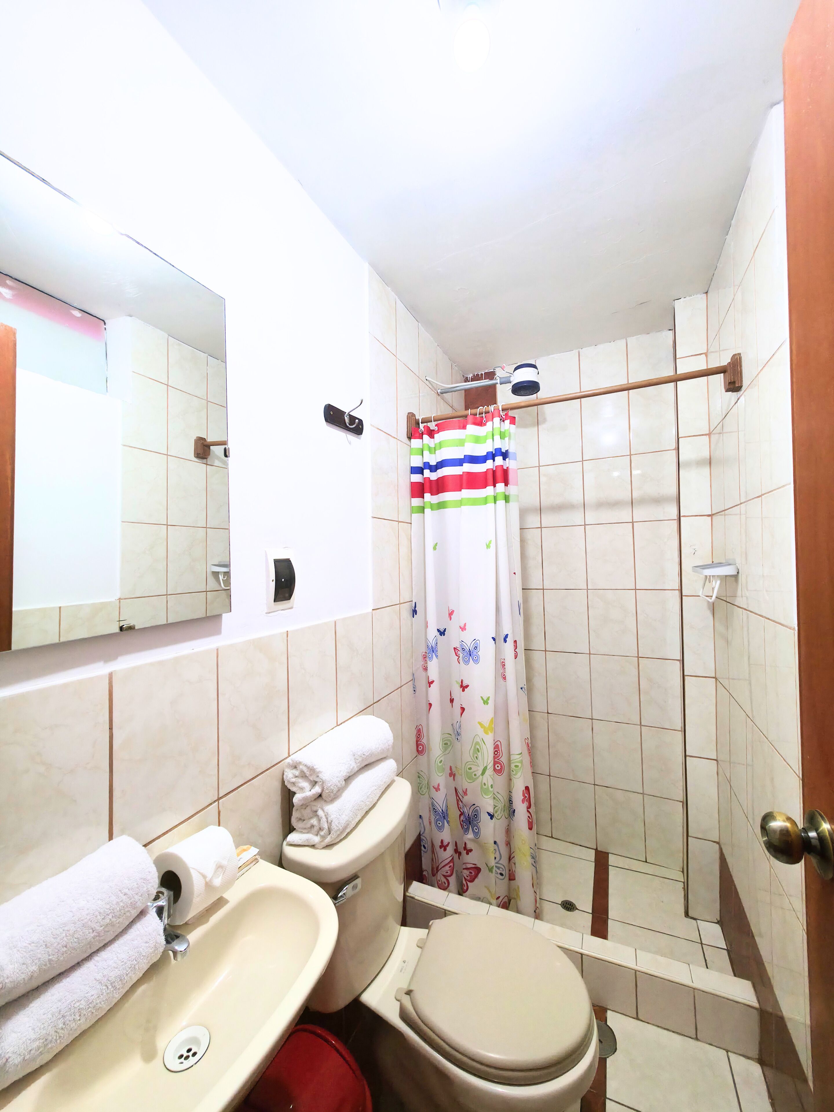 A bathroom with a toilet, sink, and shower area.