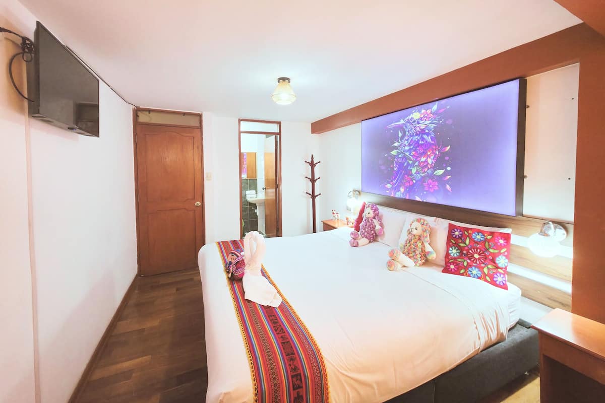 A bedroom with a bed, a TV mounted on the wall, a wooden door, and a mirror.