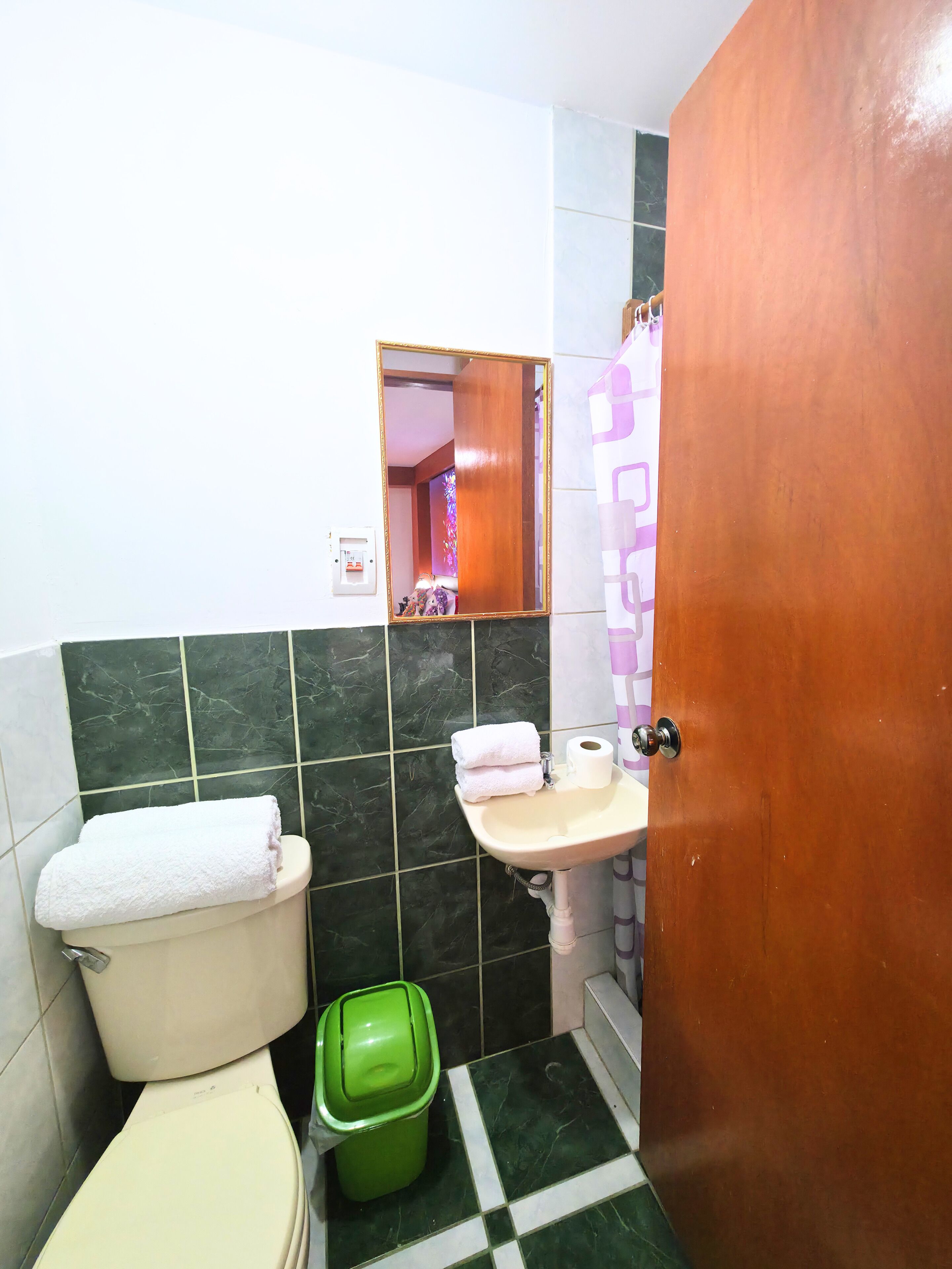Un baño con inodoro, lavamanos, espejo y un cubo de basura verde.