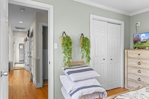 Un dormitorio con cama, cómoda, televisor y dos plantas colgantes.