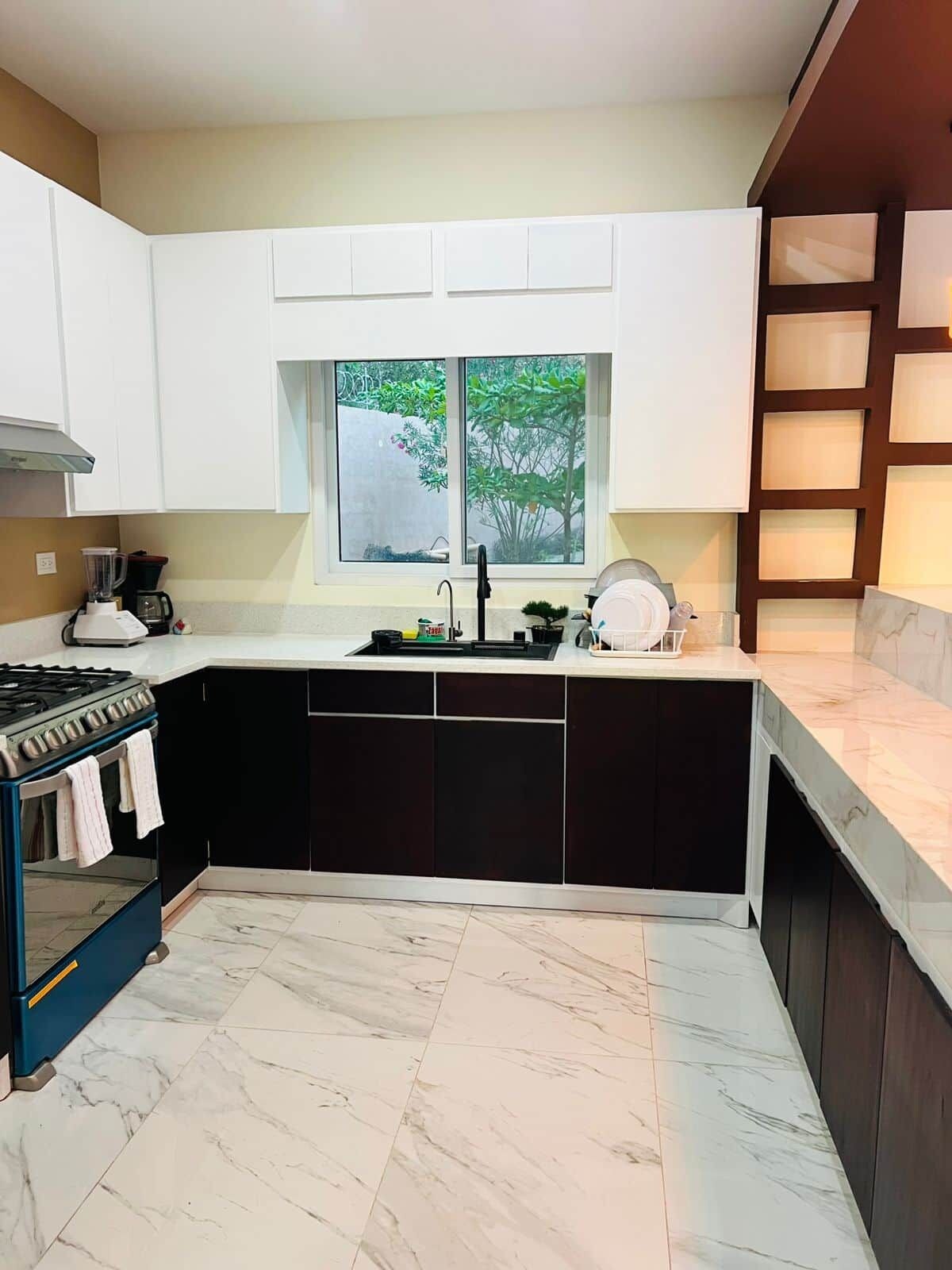 A modern kitchen with a gas stove, a sink, and a window overlooking greenery.