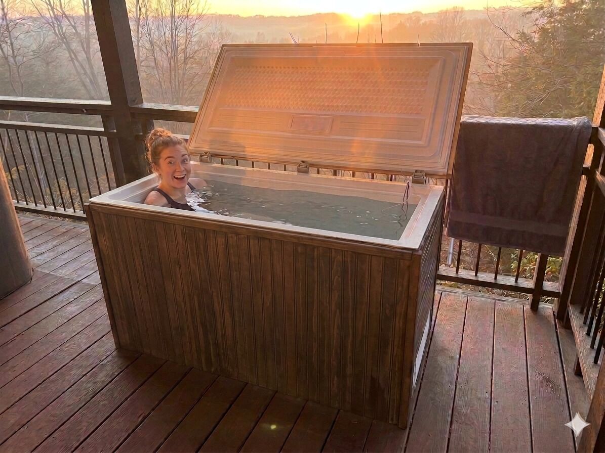 Un bain à remous en bois installé sur une terrasse, offrant une vue sur les arbres et un coucher de soleil.