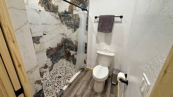 Shower, towels, soap, toilet paper
