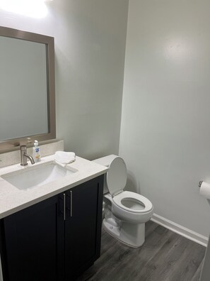Secadora de cabello, toallas, jabón, papel de baño 