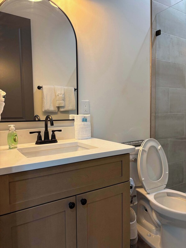 A bathroom with a sink, mirror, towel rack, toilet, and a shower area. - Stylish coastal home near beaches and shopping (Port St. Joe)