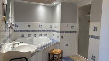 Shower, jetted tub, hair dryer, soap