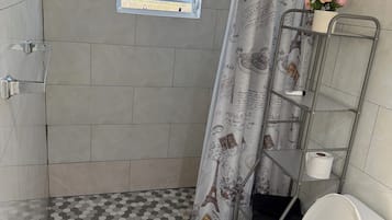 Shower, towels, soap, toilet paper