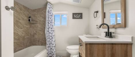 Hair dryer, towels, soap, toilet paper