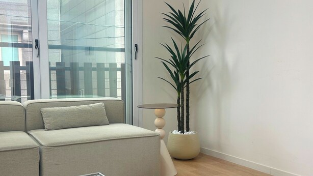 Un salon moderne avec un canapé, une table basse en verre, une plante en pot et une vue à travers une porte vitrée.