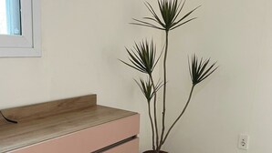 Une pièce avec un plancher en bois, une commode rose et une plante en pot.