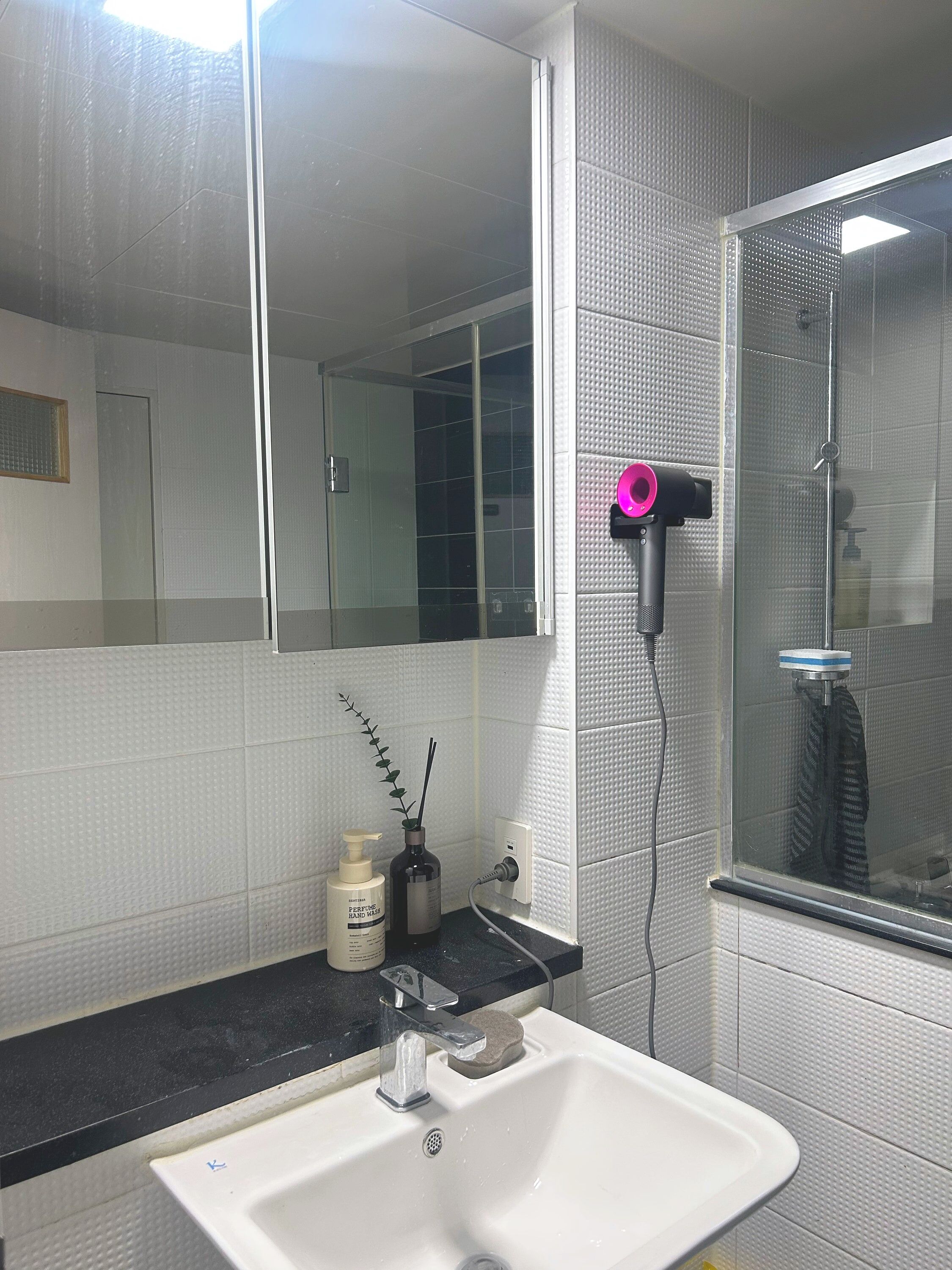 Hair dryer, towels, soap, toilet paper