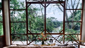 Una habitación con un ventanal amplio que ofrece vistas a un bosque exuberante. Hay un sofá de cuero marrón y una mesita redonda con una botella.