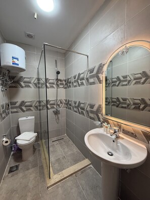 A bathroom with a shower, toilet, sink, and a mirror.