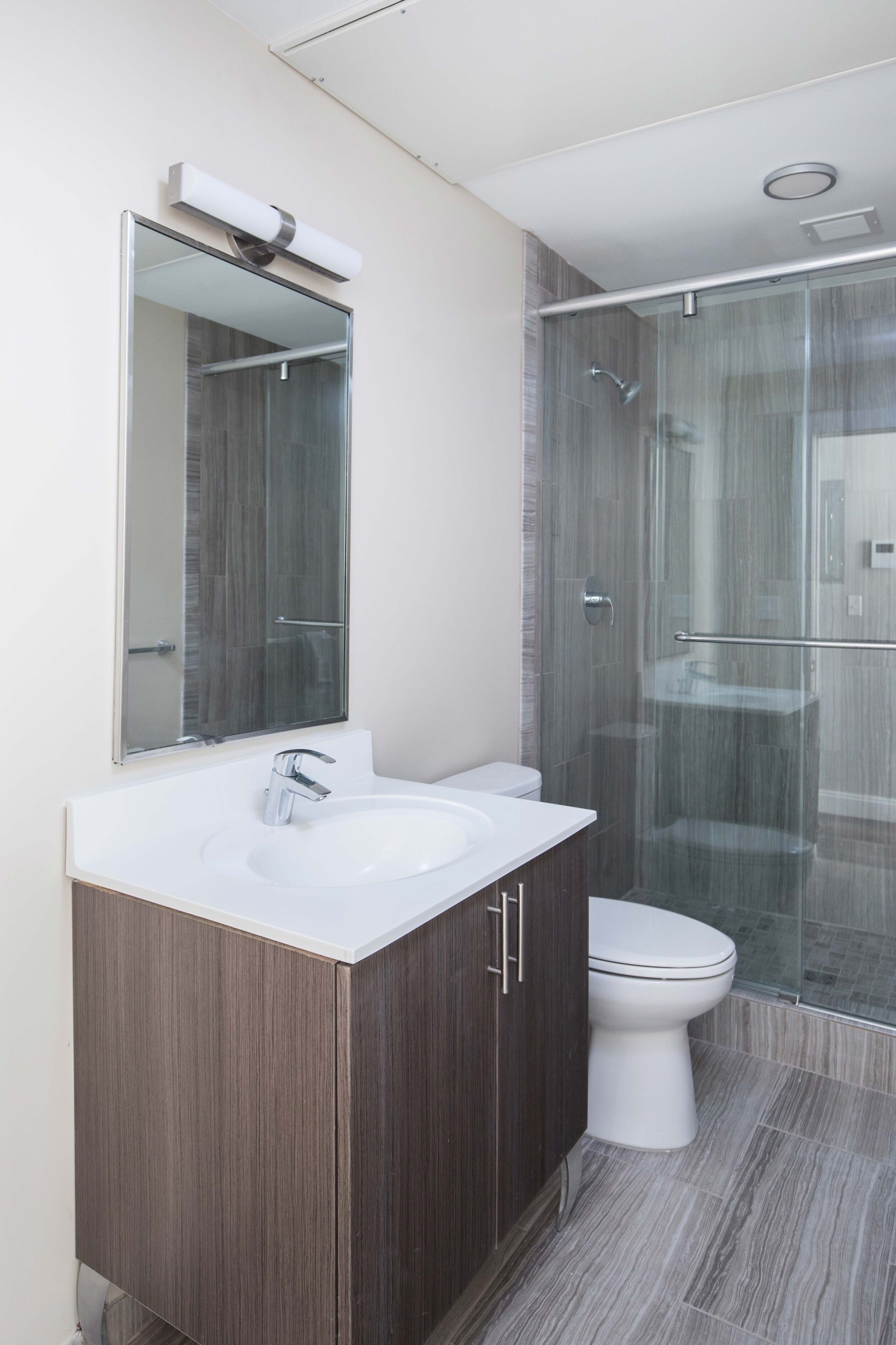 Une salle de bain moderne avec une douche à parois de verre, un lavabo blanc et des toilettes.