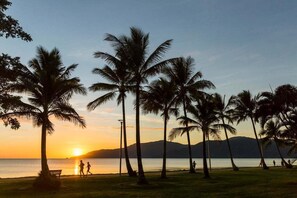 A beach with palm trees and a sunset. - Belle Escapes Ships & Sips (Cairns)