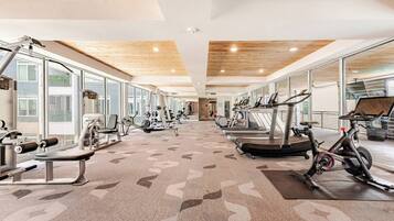 A gym with exercise equipment, large windows, and a patterned carpet.