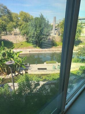 A view through a window of a zoo enclosure with a pond, trees, and a fence. - Luxury Riverwalk Condo Pool, Balcony, Parking (San Antonio)