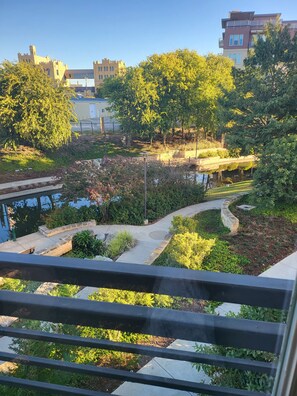 Ein angelegter Garten mit Teich, Wegen und ausgereiften Bäumen.