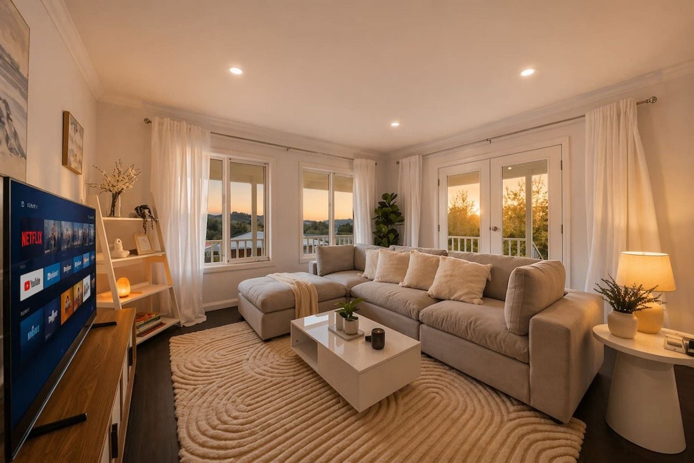 A modern living room with a sectional sofa, a flat-screen TV, and a large window with curtains.