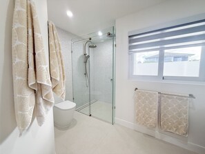 Shower, hair dryer, towels, soap