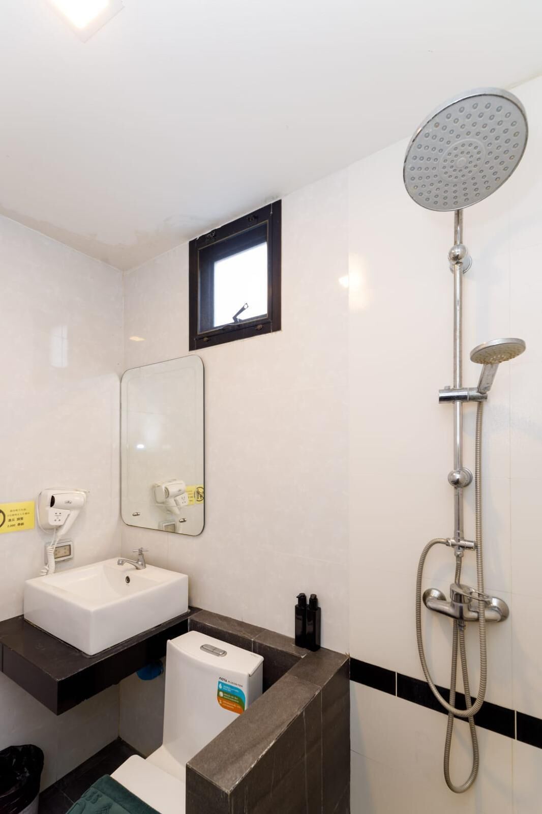 A bathroom with a sink, mirror, handheld showerhead, and a window.