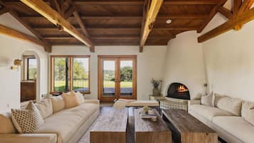 TV, fireplace, books, stereo