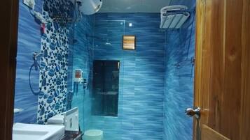 Hair dryer, towels, soap, shampoo