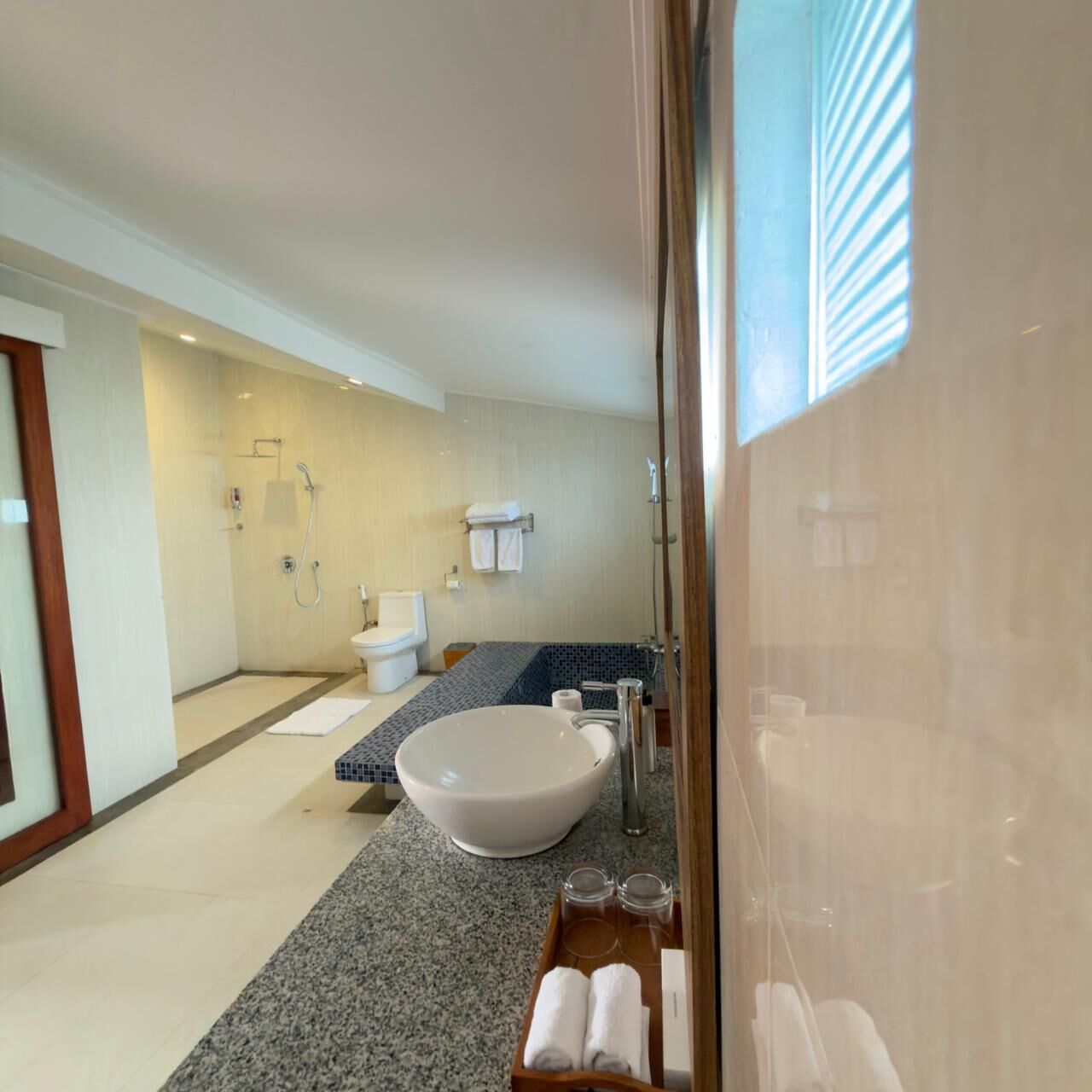 Un baño moderno con una bañera grande, una zona de ducha y un inodoro.
