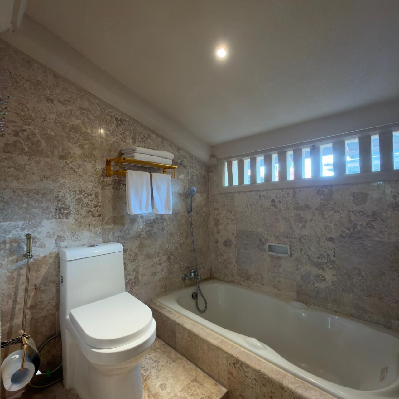 Un baño con inodoro, bañera y ducha.