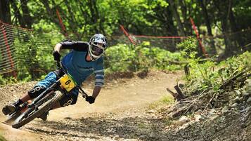 A mountain biker navigating a dirt trail with a fence on one side and trees in the background.