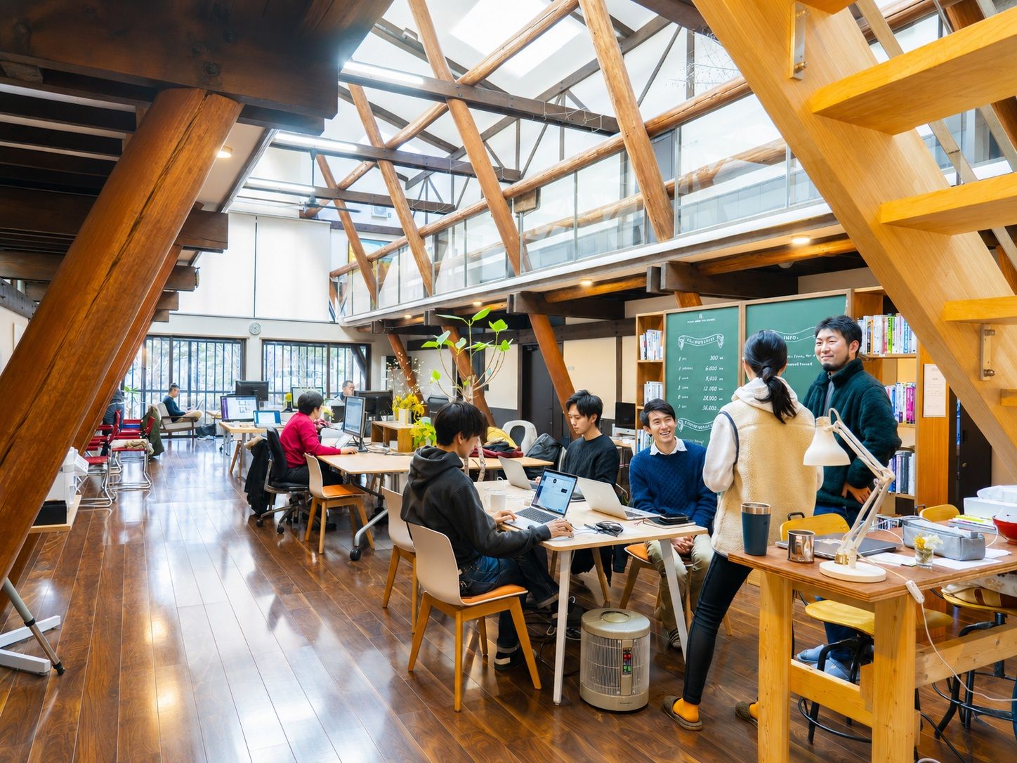 Un espace intérieur spacieux avec des poutres en bois, des tables et des chaises, ainsi qu’une grande fenêtre laissant entrer la lumière naturelle.