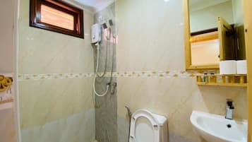 Ducha, secador de pelo, toallas, jabón