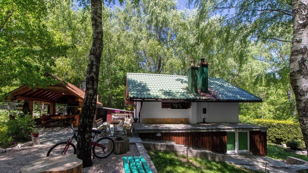Una cabaña rústica con techo verde, rodeada de árboles y un jardín.
