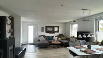 Smart TV, chimenea y libros