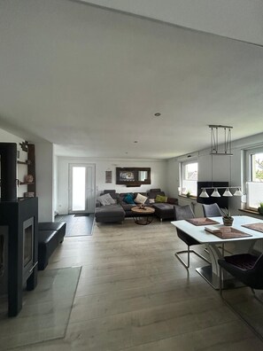 Smart TV, fireplace, books