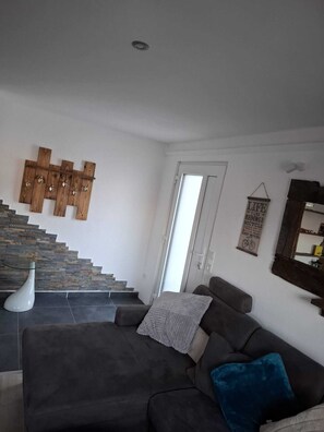 Smart TV, fireplace, books