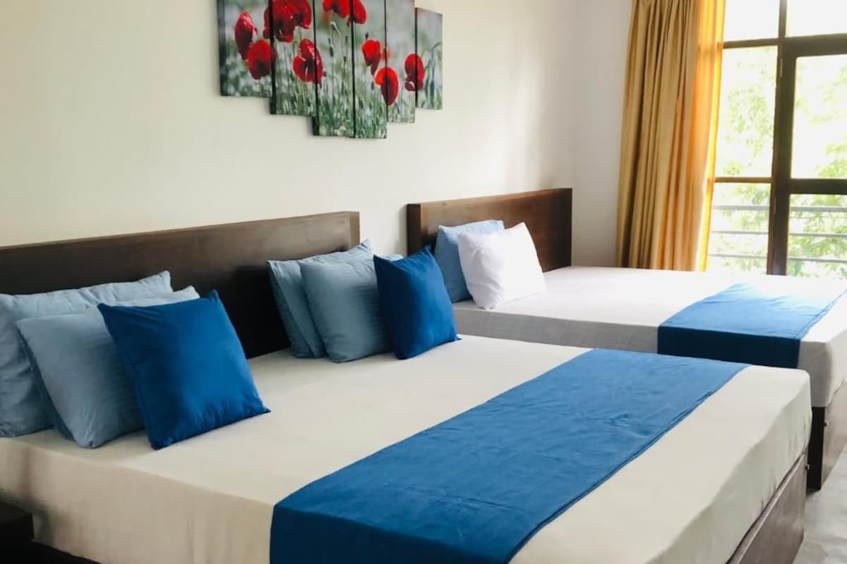 Two single beds with blue and white bedding, a wooden headboard, and a window with curtains.