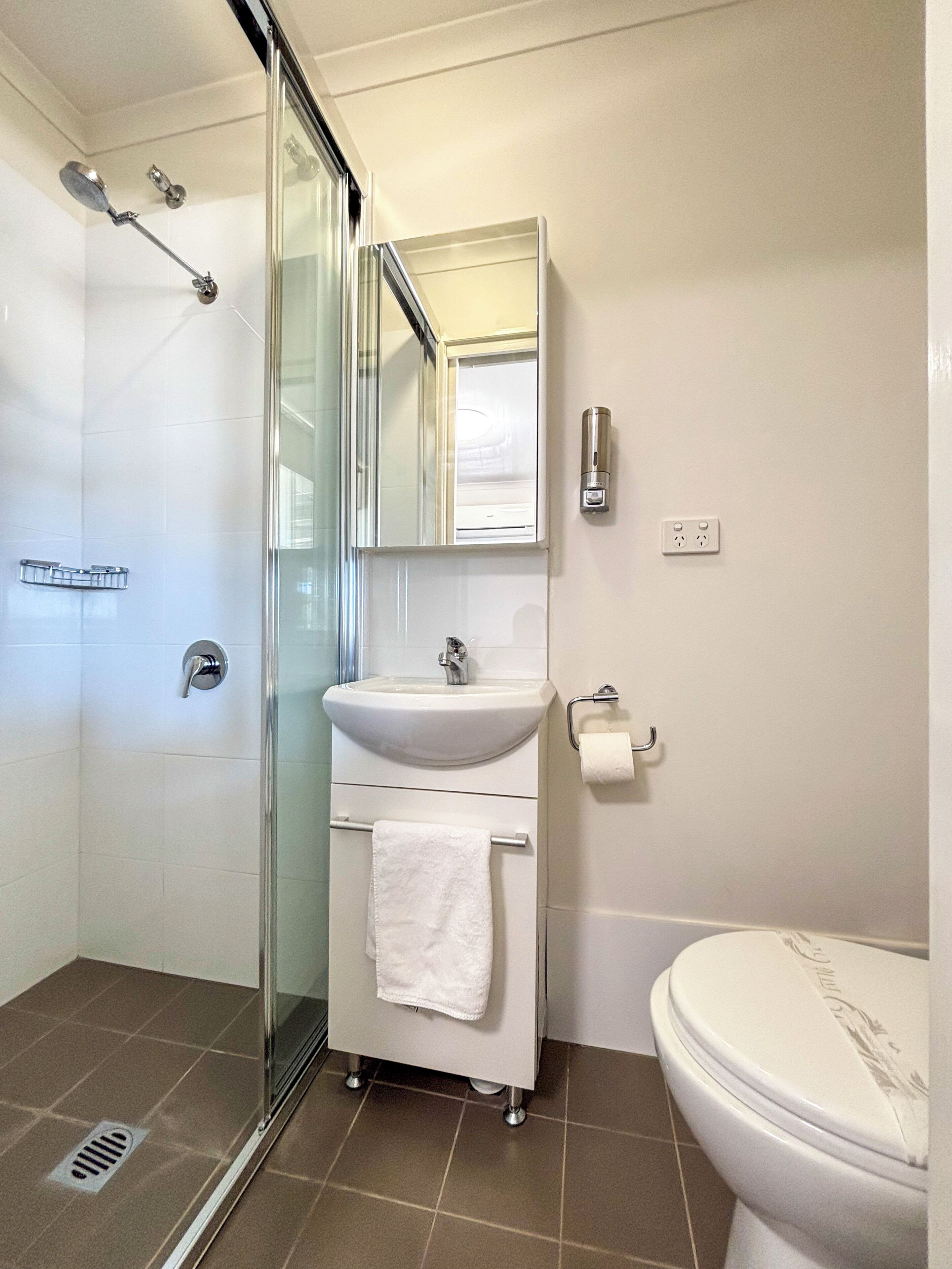 A bathroom with a glass shower enclosure, a sink with a mirror, and a toilet.