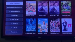 A television screen displaying a movie selection menu with options for assisted films, recent additions, and categories like UHD 4K, Oscars, Cinema, Action, and Animation.