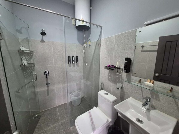 A modern bathroom with a glass-enclosed shower, a toilet, a sink, and a mirror.