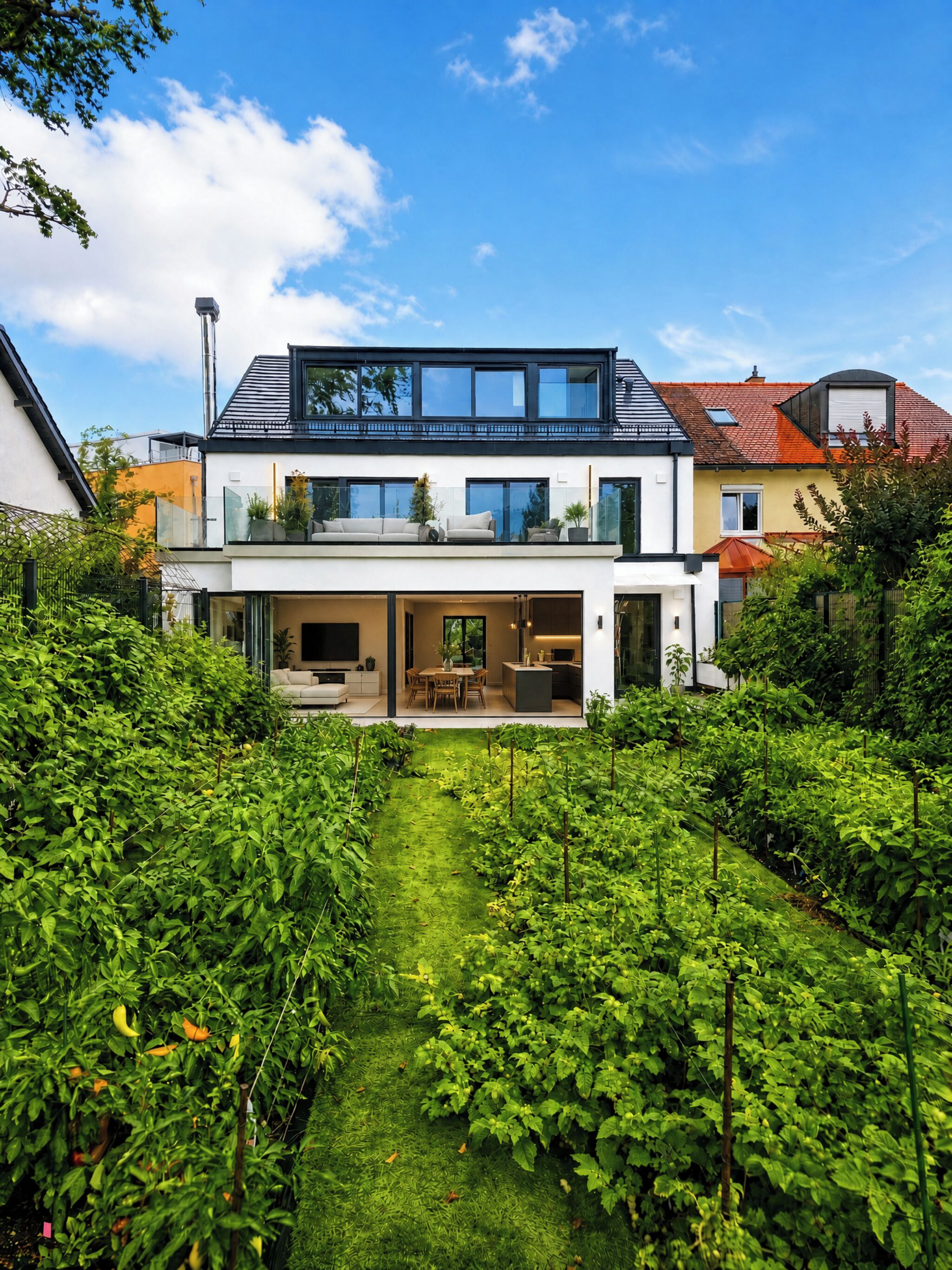 Ein modernes, zweistöckiges Haus mit einem gro ßen Glasbalkon, einem gepflegten Garten und blauem Himmel.